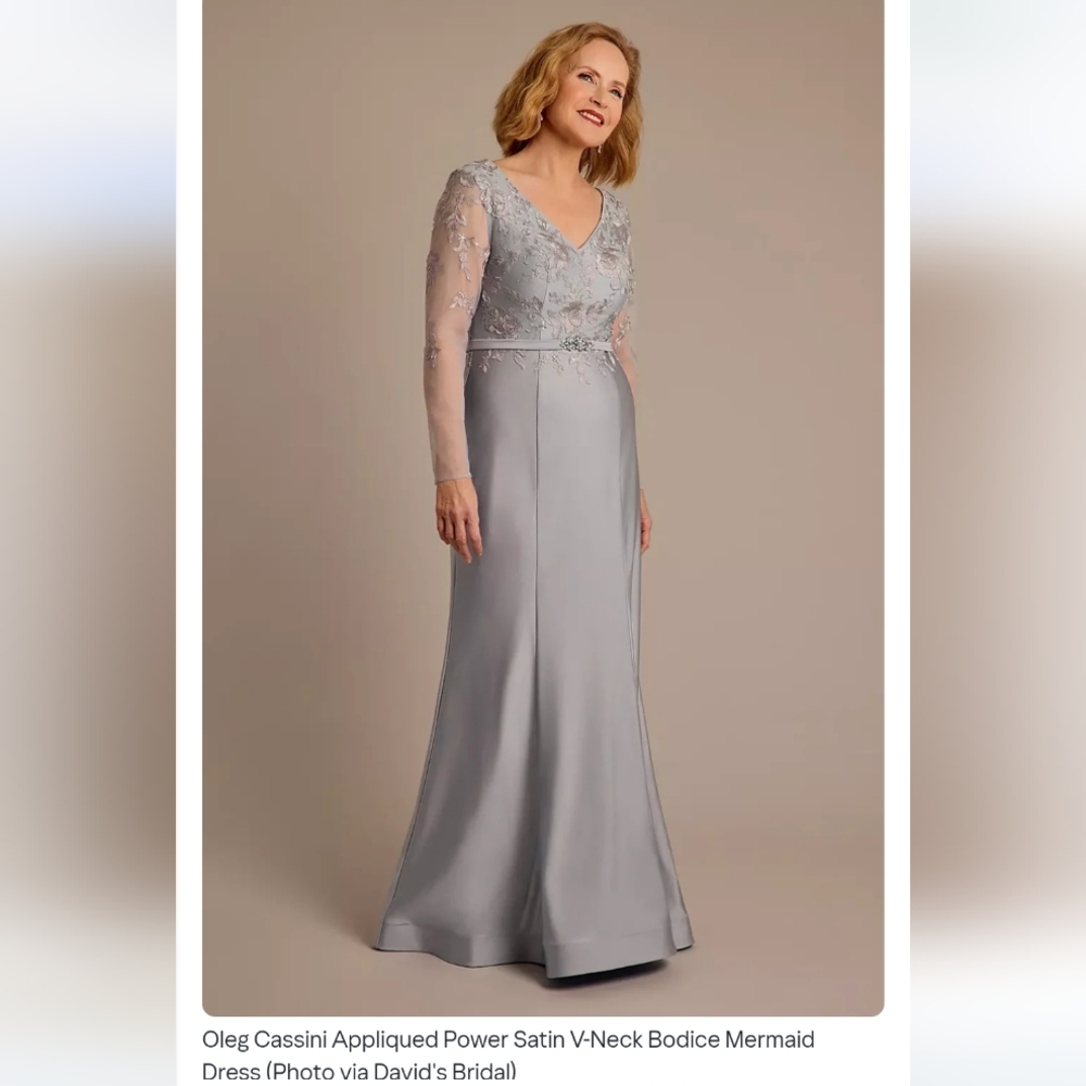 Oleg Cassini Gray Long Sleeve Power Satin Dress
